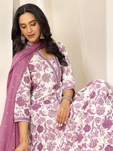 Image of Mauve floral printed anarkali kurta and printed palazzo with embellished dupatta | ethnic wear | bridal suit | occasion wear