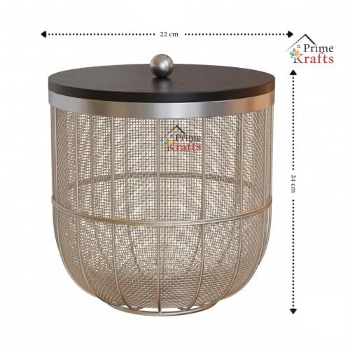 Image of Decorative Net (Jaali) Design Fruit and Vegetables Basket with Natural Wooden Lid | Premium Insect Resistant Storage Organizer for Home and Kitchen - Silver