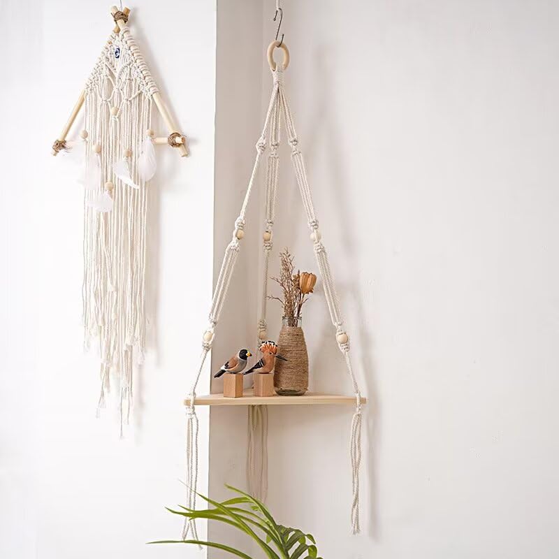 Macrame Wall Hanging Shelf 1 Tier Handmade Boho Hanging Wall Shelf Floating Woven Rope Hanging Shelves Decorative Storage Racks Holder Organizer for Home Bedroom Bathroom Plants, Beige