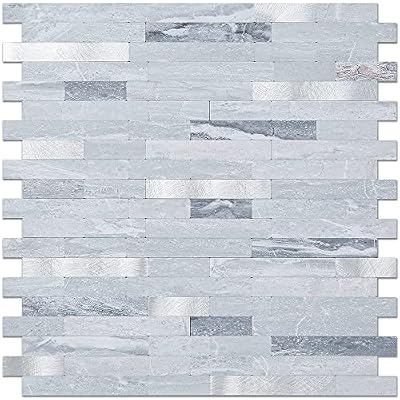 DICOFUN 10-Sheets Peel and Stick Backsplash Wall Tile, Faxu Stone PVC Mixed Metal Kitchen Backsplash Peel and Stick in Light Grey