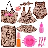 BABESIDE 13Pcs Baby Doll Clothes and Accessories for 10-12 inch Dolls, Baby Doll Feeding and Care Set with Carry Bag, Bottles, Tableware, Baby Doll Outfit for Doll Girl Boy (Leopard Pattern)