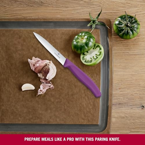 Image of Victorinox Swiss Made Stainless Steel Swiss Classic Paring Knife, 10 cm, Serrated Edge with Pointed Tip, Professional and Household Kitchen Tools, Kitchen Items, Purple, 6.7735.C1 | Multipurpose Knife
