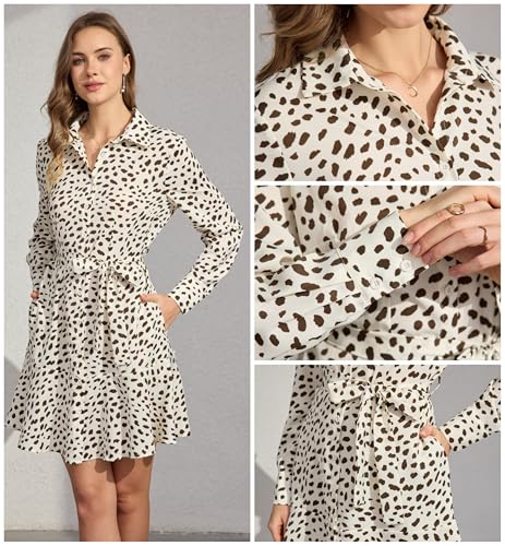 Image of Women's Long Sleeve Button Up Midi Belt Shift Collar Dress with Pockets for Work Office Business