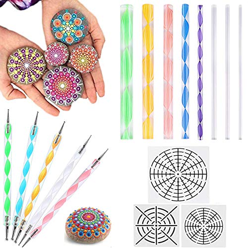 Freyamall 16 Pcs Mandala Dotting Tools for Painting Rocks, 8 x Acrylic Rods, 5 x Double Sided Dotting Tools, 3 x Mandala Stencils