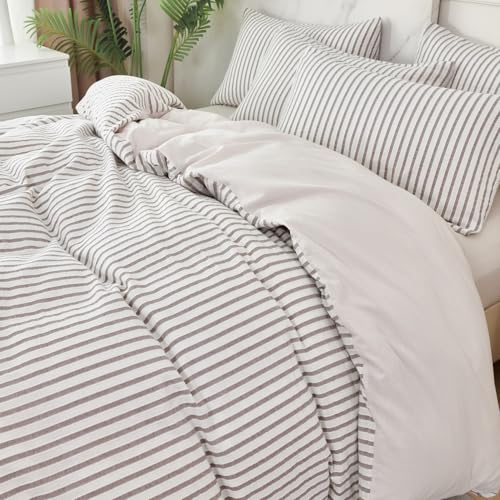 Image of Grey Striped Comforter Set King - 3 Pieces Bedding Comforter Set for All Season, Soft Lightweight Washed Microfiber, 1 Striped Comforter and 2 Pillowcases (Grey, King Size)