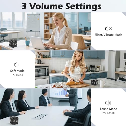 Image of Pomodoro Timer Cube, Productivity Visual Timer Flip, 5 /10 /30 /60 Min Preset Custom Countdown, ADHD Tool Rotating Countdown Stopwatch, Vibrate /High /Low Volume, for Study, Work, Game, Kitchen-Black