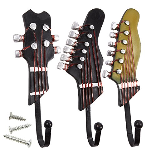 Juvale Set of 3 Decorative Wall Hooks - Iron Hooks, Shabby Chic Guitar Shaped Hooks for Keys, Hats, Coats, Scarfs