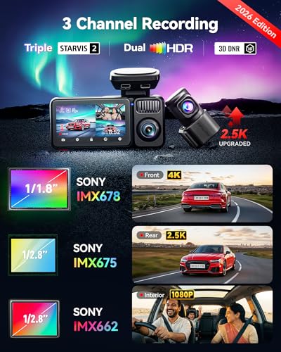 Image of REDTIGER F17 Elite [2026 Edition] 4K 3 Channel Dash Cam, Triple STARVIS 2 Sensor(IMX678 /675 /662), 4K+2.5K+1080P, Full Night Color, 5.8GHz WiFi 6, GPS, HDR, Touch & Voice Control, 128GB Card Included