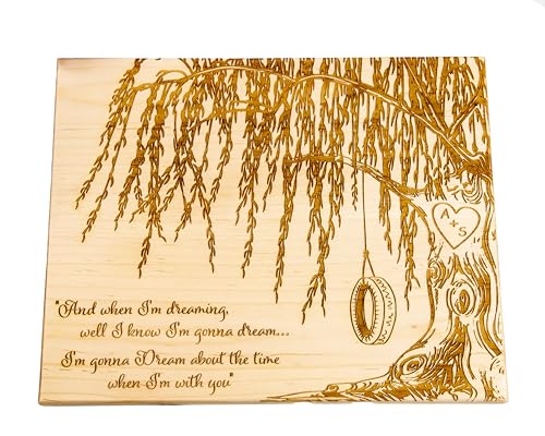 Product Image of the Personalized Cutting Board -Willow Tree of couple with intitals in the heart of the tree! Willow represents 9 Year Anniversary
