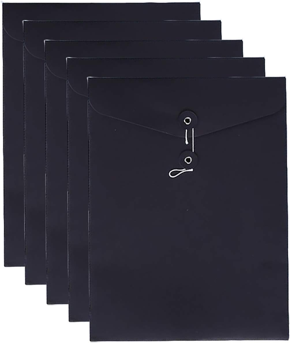 Kraft Paper A4/C4 File Folders Filing Envelope Folder Pack of 5, Filing Envelope Folder Jacket Document Letter Organizer with String Closure for School,Office (Black)
