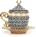 Alisveristime Turkish Coffee Cup Set - Authentic Turkish Greek Arabic Coffee Espresso Cup with Saucer (Enhance Your Coffee Experience Now!) (1 Pc) (Evil Eye Gelincik Design) (Gold)