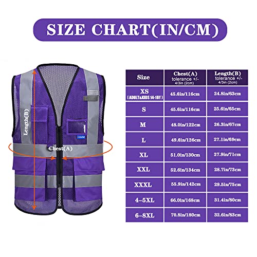 Image of High Visibility Mesh Vest with Clear ID Pocket, Zipper, Purple, L | Purple L mesh safety vest with reflective strips, mic tabs and 7 pockets for refinery technicians and laboratory safety.