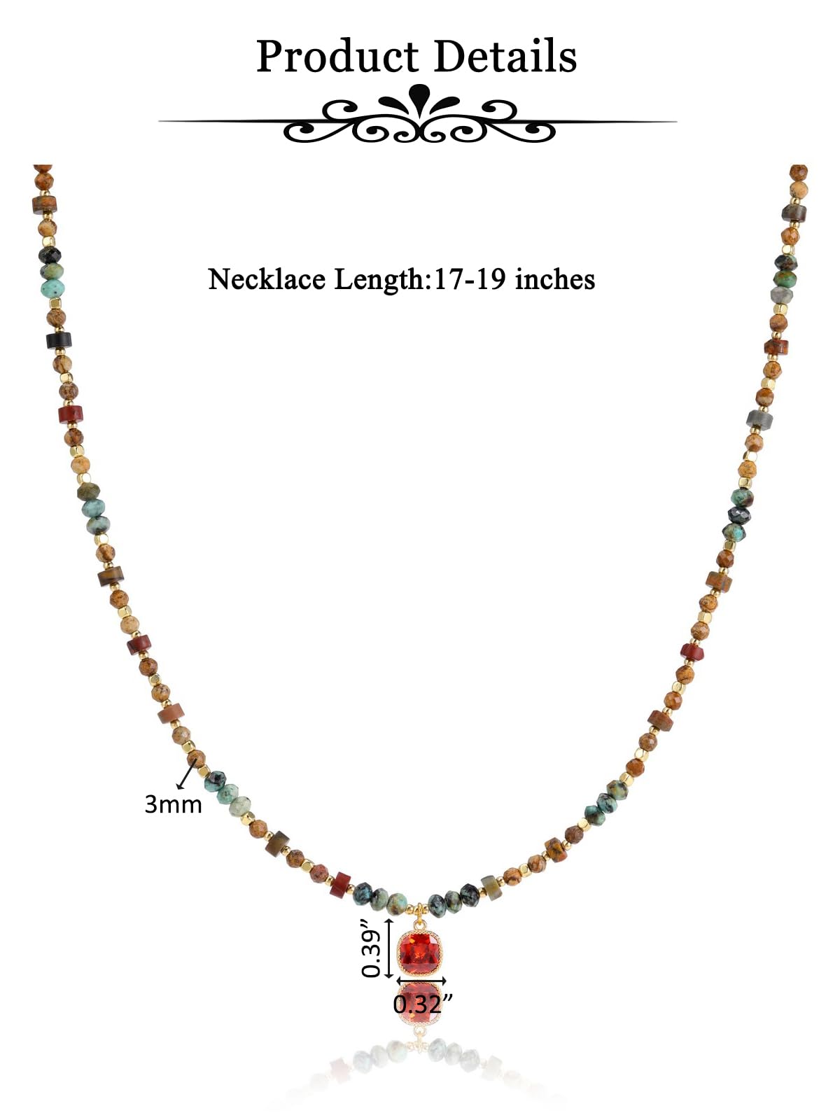 JSDDE Collier Femme Perles en Pierre Semi-Précieuse Rétro Collier Pendentif Carré Zircon Rouge Doré 18 Carats avec Perles Rondelles Rondes à Facettes 3mm Bijoux Fantaisie Fine Cadeau Anniversaire