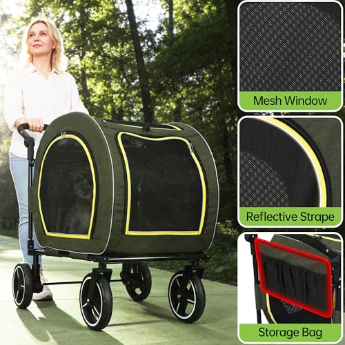 Image of Saudism Pet Stroller for Dogs Cats up to 50 lbs, Foldable Dog Stroller with 360 Swivel Wheels, Detachable Carrier, Adjustable Handle, Travel Dog Stroller for Small Medium Large Pets, Green