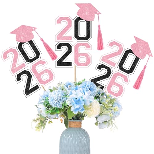 Image of 10 Pcs Graduation Table Centerpieces Sticks with Tassels, class of 2026 Grad Cap Picks Table Decoration Cupcake Toppers for Party Centerpiece Decoration Supplies(Black and Pink)