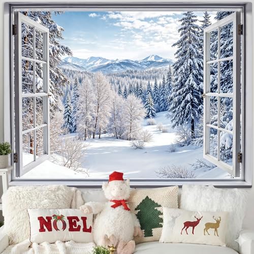 Lifeel Winter Snowy Scenic Tapestry Forest Nature Landscape Window Tapestries Living Room Dorm Bedroom Wall Decor White 36x48 inches