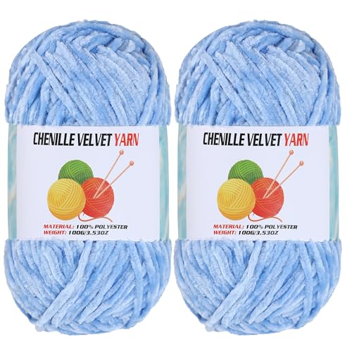 Image of 2 * 100g Velvet Chenille Chunky Yarn, Handcrafts Weaving Soft Chenille Yarn for Crocheting Clearance, Used for Making Baby Yarn Blanket, Clothes, Knitting Creations (Bule)