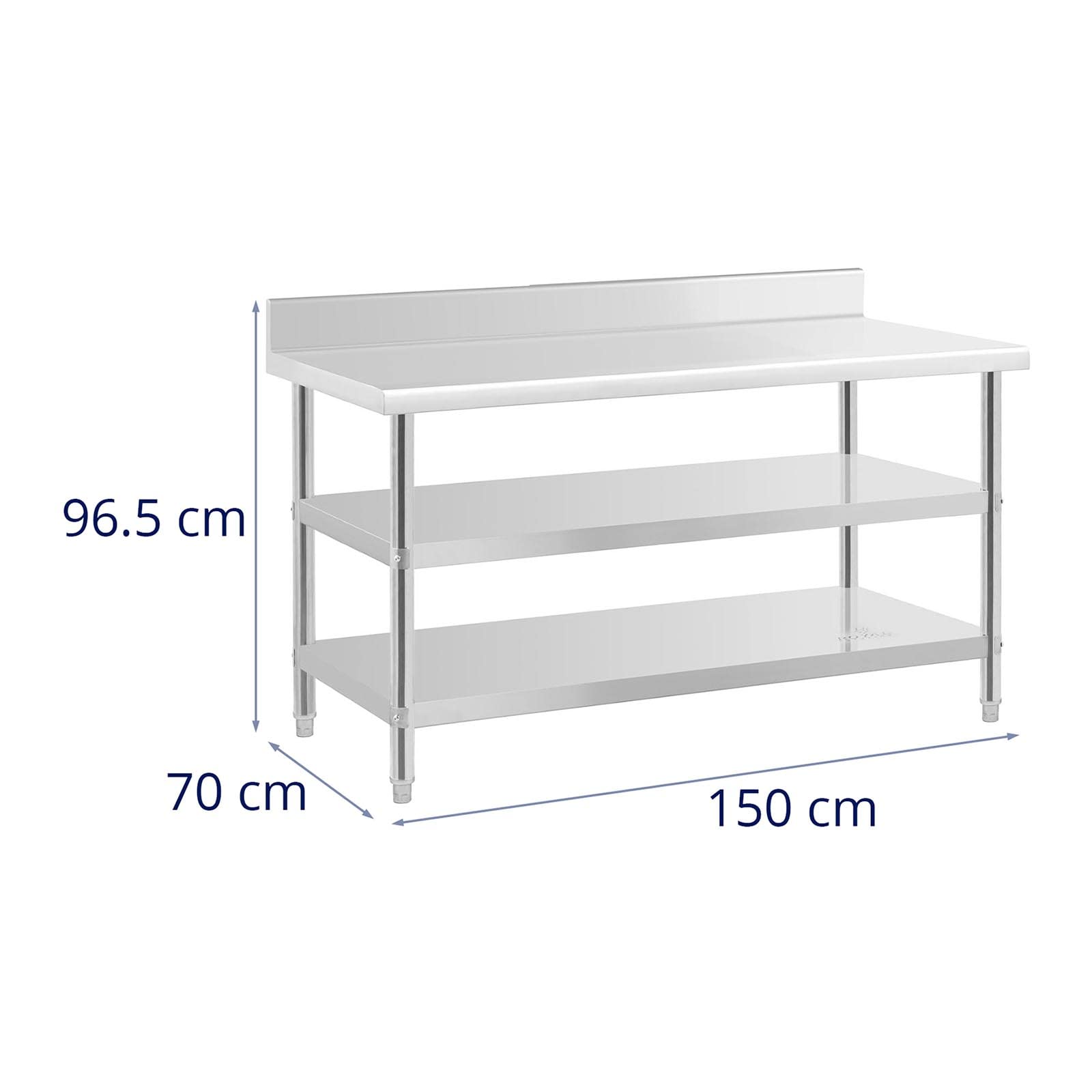 Royal Catering RCAT-150/70-SPS3SH - Tavolo da lavoro in acciaio INOX con alzata, 150 x 70 x 16,5 cm, 500 kg, 2 ripiani in acciaio INOX