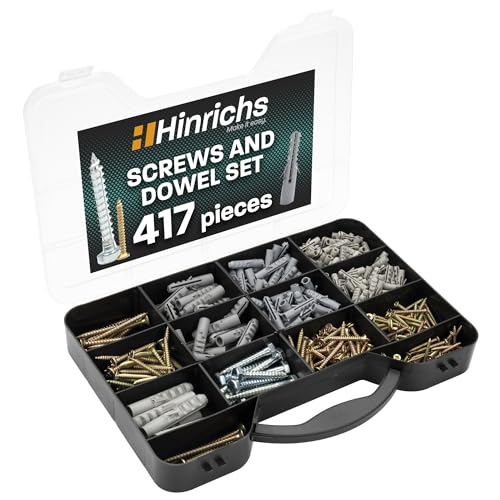 Hinrichs Screws and Wall Plugs Set 417 Pieces - Storage Case with Set of Wall Plugs in 4 Sizes in total 204 Pieces + Screw Set in 9 Sizes for a total of 213 Pieces - Assorted Nails and Screws Screw's