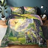 Generisch Wolfsrudel Bettdecke, Wilder Stil Mikrofaser-Bettwäscheset, 1 Bettdecken 155x220 und 2 Kissenbezüge 80x80, Daunendecke für Alle Jahreszeiten Geeignet Y123