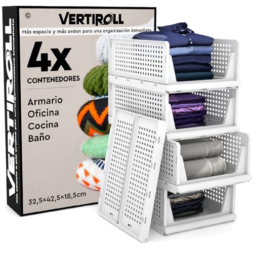 4 Cajones Deslizantes Apilables Organizador Ropa Armario VertiRoll   Contenedores Ahorrador de Espacio de Plástico Color Blanco Hogar Cocina Baño Oficina Fácil de Montar   Cajones 32,5x42,5x18,5cm