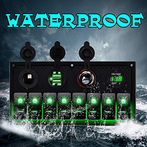 Mking Marine Switch Panel, Boat Switch Panel,8 Gang Rocker Switch Panel Waterproof With Circuit Breaker Dual Interface Usb & Typ-C Charger Digital Voltmeter Cigarette Socket 12V, (Green) #TOP1