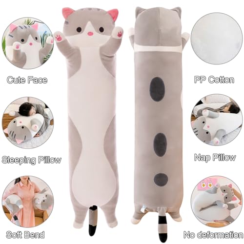 Image of Giant Cat Pillow Plush Cartoon Kitty Sleeping Hugging Pillow, Cuddly Soft Long Kitten Body Pillow Doll Cat Cushion Toy for Kids Girlfriend (Gray, 90cm /35.4inch)