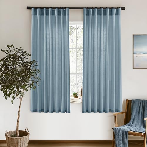 Image of XTMYI Dusty Blue Curtains 63 Inches Long for Bedroom,Light Filtering Country Vintage Hooks Pleated Back Tab Semi Sheer Linen Curtains for Living Room 2 Panels Set,Grey Stone Blue