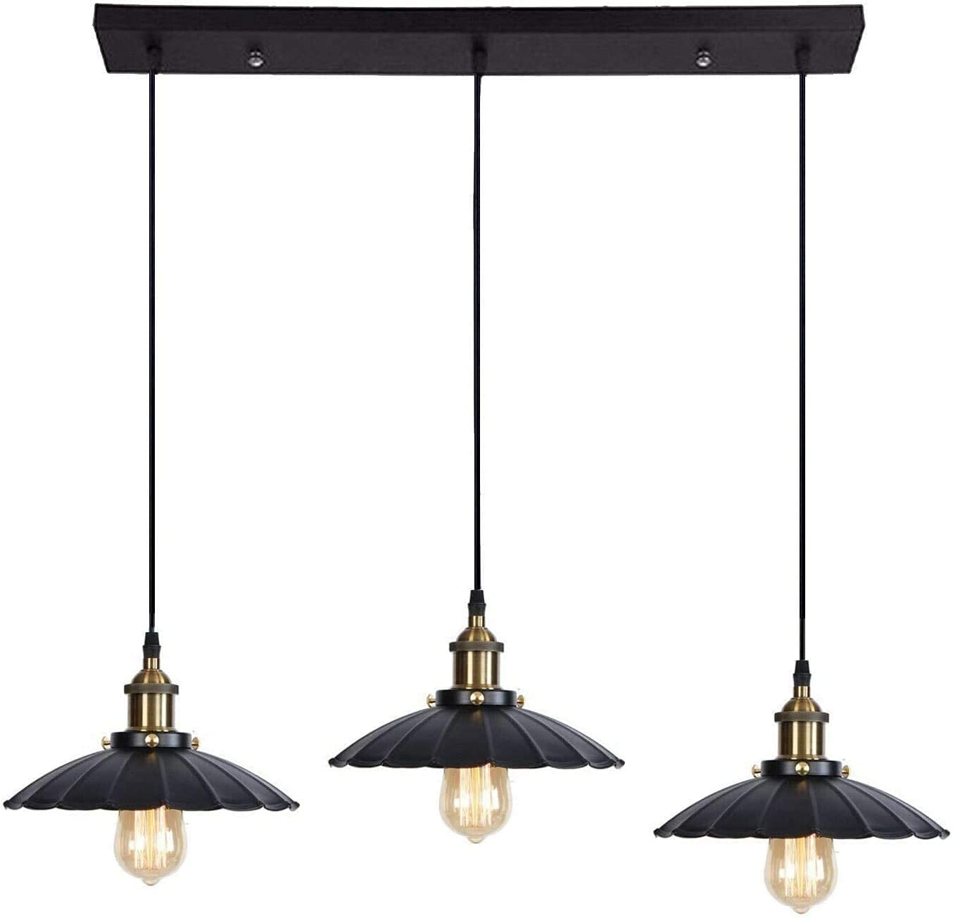 DC VOLTAGE Industrial 3 Head Pendant Ceiling Light Black Metal 22cm umbrella Shades Adjustable 95cm Cable E27 Holder 50cm Rectangle Ceiling Plate for Kitchen Dining Room