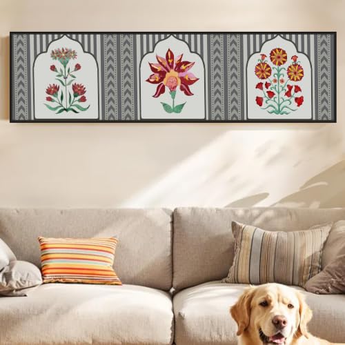 Image of Large Canvas Painting Panel Framed Wall Painting Traditional Indian Lotus Motif Framed Luxury Paintings for Home Decoration, Living room, Bedroom and Office Decor (Red, 13x47 Inch)