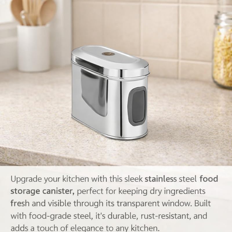 Image of Stainless Steel Capsule Food Canisters /Jars /Containers for Kitchen Storage with See Through Window - set of 1, 1850 ml capacity, 10 cm Diameter, Silver