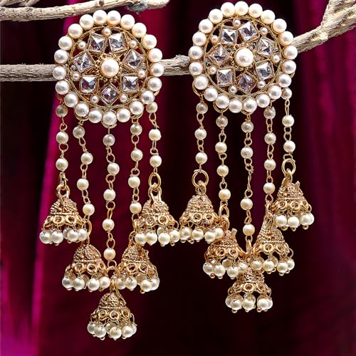 Image of Zeneme Earring Gold Plated Beaded Handcrafted Bahubali Inspired Devsena Jhumka Fringed Dangle Jewellery For Girl And Women