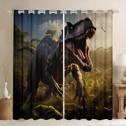 Erosebridal Dinosaur 30%-50% Blackout Curtains for Kids Jungle Animal Curtains 3D Dinosaur Pattern Curtains & Drapes Wildlife Style Window Curtains 38''Wx54''L
