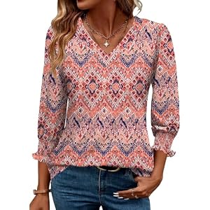Rapbin 3/4 Length Sleeve Womens Tops Summer Trendy Puff-Sleeve V-Neck Blouses Dressy Casual Textured Smocked T-Shirt