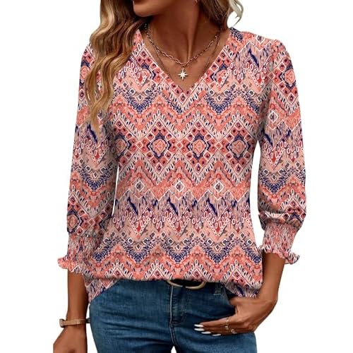 Rapbin 3/4 Length Sleeve Womens Tops Summer Trendy Puff-Sleeve V-Neck Blouses Dressy Casual Textured Smocked T-Shirt Bohemia XX-Large