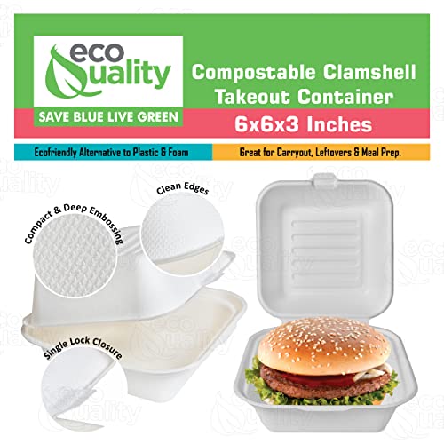 Compostable Square Hinged Clamshell Take Out Food Containers 6X6 - Heavy Duty Quality Disposable To Go Containers, Single Compartment Eco-Friendly Takeout Box, Bagasse Fiber Biodegradable Containers With Lids For Takeout, Parties, Restaurants, Food Trucks (25) #TOP3