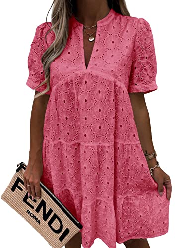Image of Imily Bela Womens Summer Lace Dresses Eyelet Casual Flowy Babydoll Swing Short Sleeve V Neck Tunic Dress