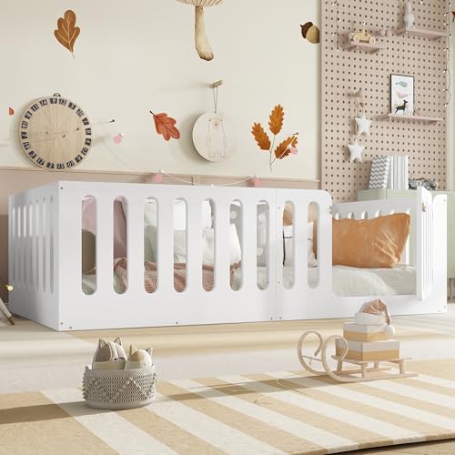 Image of Bellemave Twin Size Kids Montessori Floor Bed,Twin Size Floor Bed Frame with High Fence and Door,Solid Wood Montessori Bed for Girls Boys,White