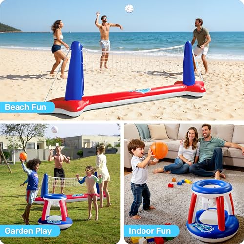 Image of JOYIN Inflatable Pool Float Set Volleyball Net & Basketball Hoops, Balls Included for Kids and Adults Swimming Game Toy, Summer Floaties, Volleyball Court |Basketball,L-Red