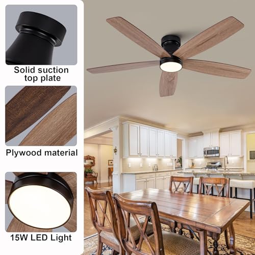 Image of 52 inch Black Flush Mount Ceiling Fans with Lights and Remote, Dimmable Black Bedroom Ceiling Fan with Lights, Walnut Low Profile Ceiling Fan with Light For Bedroom Outdoor, Reversible Quiet DC