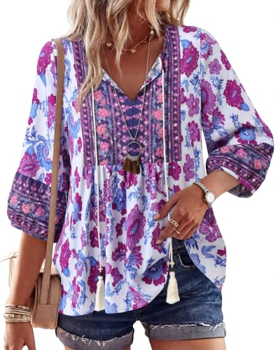 Image of Vivilli Womens Summer Boho Babydoll Tops 3 /4 Sleeve Pleated Peplum Blouses Casual V Neck Tie Front 2026 Tunic Tops