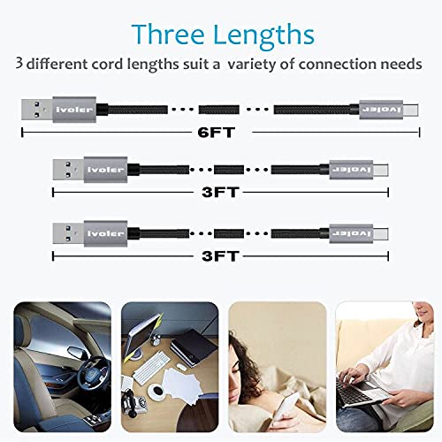 ivoler USB C Cable (USB 3.0), [3 Pack: 3FTx2 6FT] Fast Charging Braided Nylon USB-A to USB C Type C Charger Cables Cord for Samsung Galaxy S10 10e Note 10 9 S9 S8 Plus Nintendo Switch (Black Gray)
