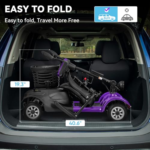WheelWavi 4 Wheel Compact Mobility Scooter,Foldable Electric Scooter for Seniors and Adults, Heavy Duty Travel Model with Lights, Basket, and Long-Lasting Battery (Purple) - Thumbnail 2