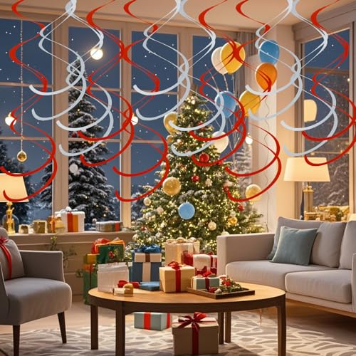 Image of Colorful Ceiling Swirl Foil Decorations Hanging Plastic Streamer Themed Swirl Party for Christmas Graduation Celebration, Pack of 28 (Red and Sliver)