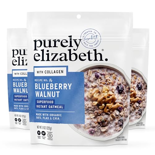 Purely Elizabeth Collagen Oatmeal, Blueberry Walnut, Made with Organic Oats, Amaranth, Quinoa, and Chia Seeds, Gluten-Free, Non-GMO (3ct, 8oz Bags)
