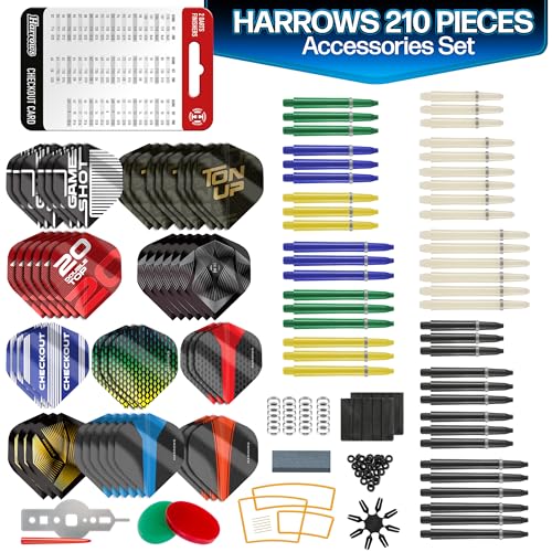 Harrows Trophy 210pc Darts Accessories Set - Amazing Bundle Includes Dart Stems Dart Flights Dart Rings Dart Sharpener Dart Tool Flight Protector Finger Wax Practice Rings & FREE Checkout Card