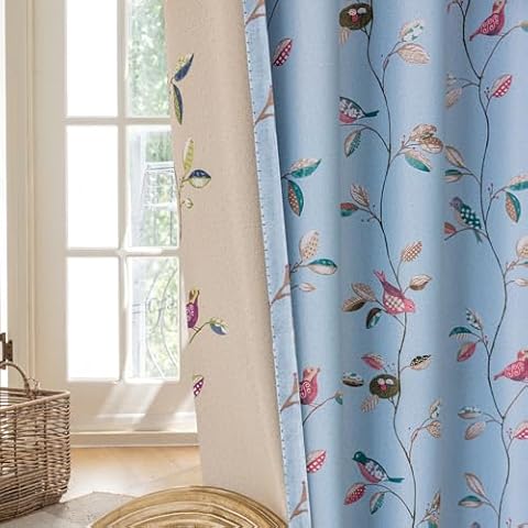 SUOUO Double Sided Birds Pattern Blackout Curtains for Living Room Print Floral Vine Farmhouse Room Darkening Window Drapes for Kids Bedroom 96 inches Long 2 Panels Blue Cover