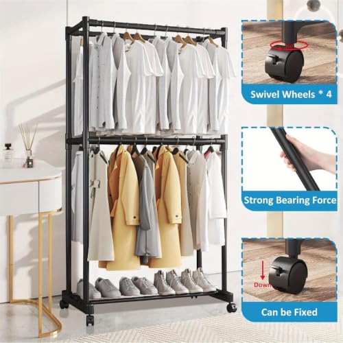 Image of Metal Multifunctional Heavy-Duty Quality Garment Stand Cloth Rack Freestanding Storage with Bottom Shelves Adjustable Single Solid Stainless Steel Spider (Double Stnad)