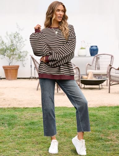 Image of UEU Women Oversized Striped Crewneck Sweatshirt Long Sleeve Color Block Pullover Tops Casual Loose Workout Shirt