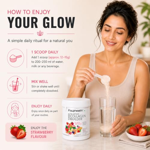 Image of Fixup Health Veg Collagen Builder Powder with Hyaluronic Acid, Glutathione & Vitamin Extracts | Collagen Peptides Supplement for Women & Men | Superfood for Beauty & Skin Health | Strawberry - 250g